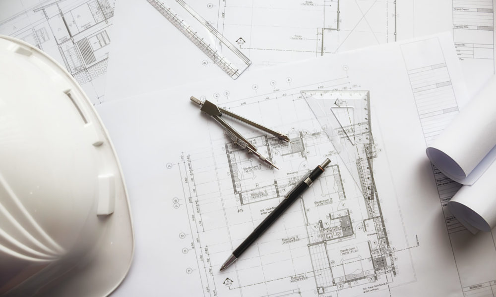 Image of engineering objects on workplace top view.Construction Image of engineering objects on workplace top view.Construction